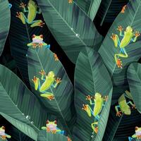 Vector seamless pattern with tropical frogs and palm leaves