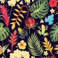 Vector seamless pattern with tropical flowers and dart frogs