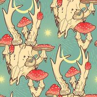 Deer skull with fly agaric, enchanted forest vector seamless pattern