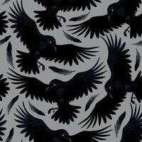 Vector seamless pattern with raven and black feathers on grey background