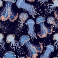 Glowing jellyfish on black background vector seamless pattern