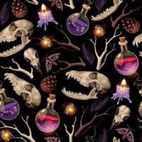 Vector seamless pattern with magic supplies and animal skulls on black background