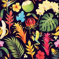 Vector seamless pattern with tropical flowers and dart frogs