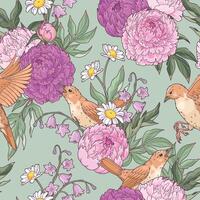 Pink peony and flying and singing nightingales vector seamless pattern