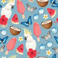 Vector seamless pattern with flowers, icecream and butterflies on blue background