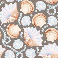 Vector seamless pattern with brown and white shells and string of pearls on beige background