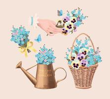 Vintage gardening set with forget me not flowers isolated on white background vector