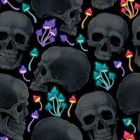 Vector seamless pattern with neon psychedelic mushrooms and black human skulls on black background