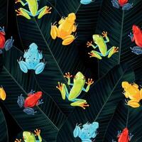 Vector seamless pattern with tropical frogs and palm leaves