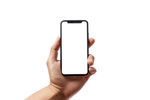 Close up hand holding holding black mobile phone with blank white screen isolated on transparent background With clipping path.3d render png