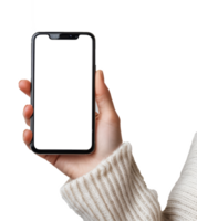 närbild av kvinna hand innehav smartphone med tom vit skärm isolerat på transparent bakgrund med klippning bana.3d framställa png