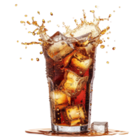 Cola with splash of ice cubes isolated on transparent background With clipping path.3d render png