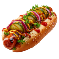 AI generated Delicious hot dog with mustard and pickled cucumbers isolated on transparent background With clipping path. png