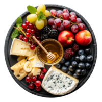 Cheese plate. Brie cheese served with fruits and honey on gray plate.isolated on transparent background With clipping path.3d render png