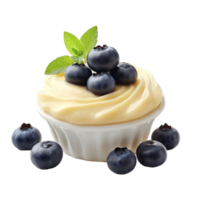 AI generated Bowl of tasty vanilla pudding with blueberry isolated on transparent background With clipping path.3d rendering png