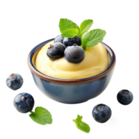 AI generated Bowl of tasty vanilla pudding with blueberry isolated on transparent background With clipping path.3d rendering png