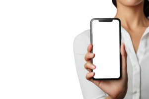 Close-up of female hand holding Smartphone with blank white screen isolated on transparent background With clipping path.3d render png