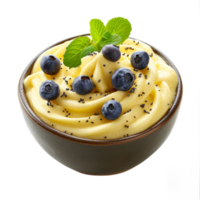 AI generated Bowl of tasty vanilla pudding with blueberry isolated on transparent background With clipping path.3d rendering png