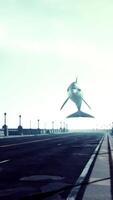 A large white dolphin is flying over a bridge video