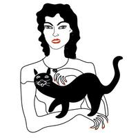 Doodle style drawing of a black-haired woman witch with a black cat vector