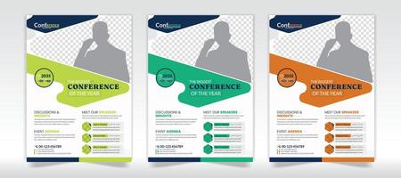 Event conference flyer design, Three color variations flyer design with organic shape vector