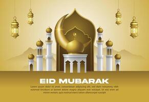 Islamic greeting eid mubarak design background, template with beautiful lanterns and crescent vector