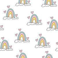 Seamless pattern with cute rainbows with clouds and hearts. Kawaii, groovy white background. Childish texture for textile, fabric vector