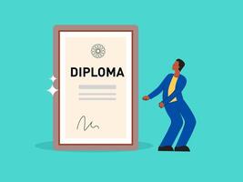 Man receives university framed diploma. Man dancing near Diploma. Education completion concept. Man happy with achievements in learning. Qualified specialist. Graduate vector