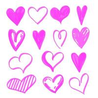 Set of hearts drawn with pink highlighter. Heart shape painted with marker isolated on white background. Vector illustration.