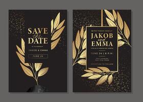 Set of luxury golden wedding invitation cards. Gold templates with tree, leaves, branches, glitter. Save the date card. Vector background for wedding invitation. Layout design with shiny elements.