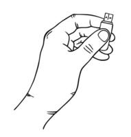 Hand holding USB flash drive. Information resident, flash card usb. sketch style. Hand-drawn outline black line vector