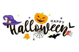 Text Banner. Happy Halloween decorative lettering with bats, spider, spider web and witch hat vector