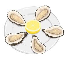 Plate with oysters with lemon. Seafood dishes in cafe or restaurant. Series of food and drink and ingredients for cooking vector