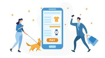 Online shopping concept. Young man and woman with smartphone and dog. vector