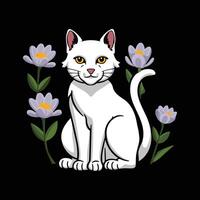 A white cat with yellow eyes sits in front of purple flowers. vector