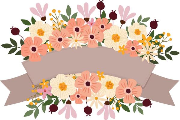 adorable flowers bouquet with ribbon banner clipart hand drawn vector illustration for decorate invitation greeting birthday party celebration wedding card poster background