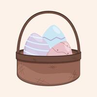 Vector illustration of a brown wicker basket with Easter eggs.