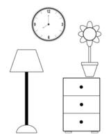 interior line art illustration. lamp cupboard, flowers, clock vector