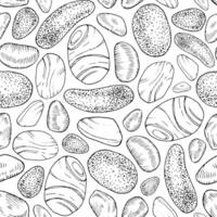 Stone Vector seamless Pattern. Outline illustration of Rock texture background. Black and white line art. Hand drawn graphic sketch. Linear drawing of pebble and gravel