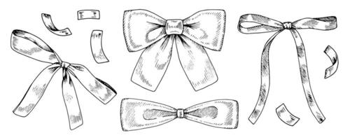 Ribbon Bow vector Set. Black line art drawing of confetti and tie. Outline illustration of vintage gift wrapping. Hand drawn clipart bundle. Linear sketch on isolated white background