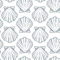 Seashell Vector seamless Pattern. Outline illustration of Scallop Background. Blue and white line art. Hand drawn graphic sketch in nautical style. Linear print drawing for fabric design