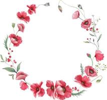 Watercolor floral wreath with red poppies. Hand drawn illustration isolated on transparent background. Vector EPS.