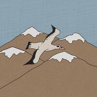 Albatross seabird. Vector cartoon hand drawn illustration of the animal in Antarctica. Polar character bird with texture is flying near mountains and sky drawing