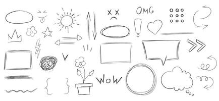 Hand drawn scribbles frame, text box, speech bubbles, arrows, crown, flower  set. Outline design elements vector