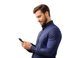 AI generated Handsome young businessman looking at his phone, lifestyle, people, isolated on transparent background png