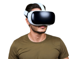 ai gerado retrato do bonito homem vestindo virtual realidade cabeça definir, vr googles, pessoas e tecnologia, isolado em transparente fundo png