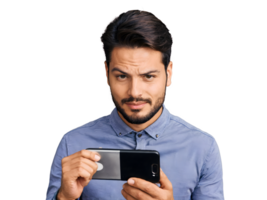 ai generado hermoso joven empresario mirando a su teléfono, estilo de vida, gente, aislado en transparente antecedentes png