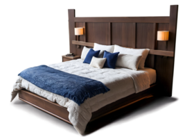 ai gegenereerd dubbele bed, koning grootte houten bed, luxe divan, geïsoleerd Aan transparant achtergrond, slaapkamer meubilair png