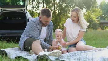 gelukkig familie reist door familie auto. picknick met fruit buiten de stad. vader, moeder en dochter zijn zittend Aan een tapijt in de midden- van de gazon video