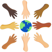 Multi ethnic group holding hands to earth. Unity, support and collaboration concept png